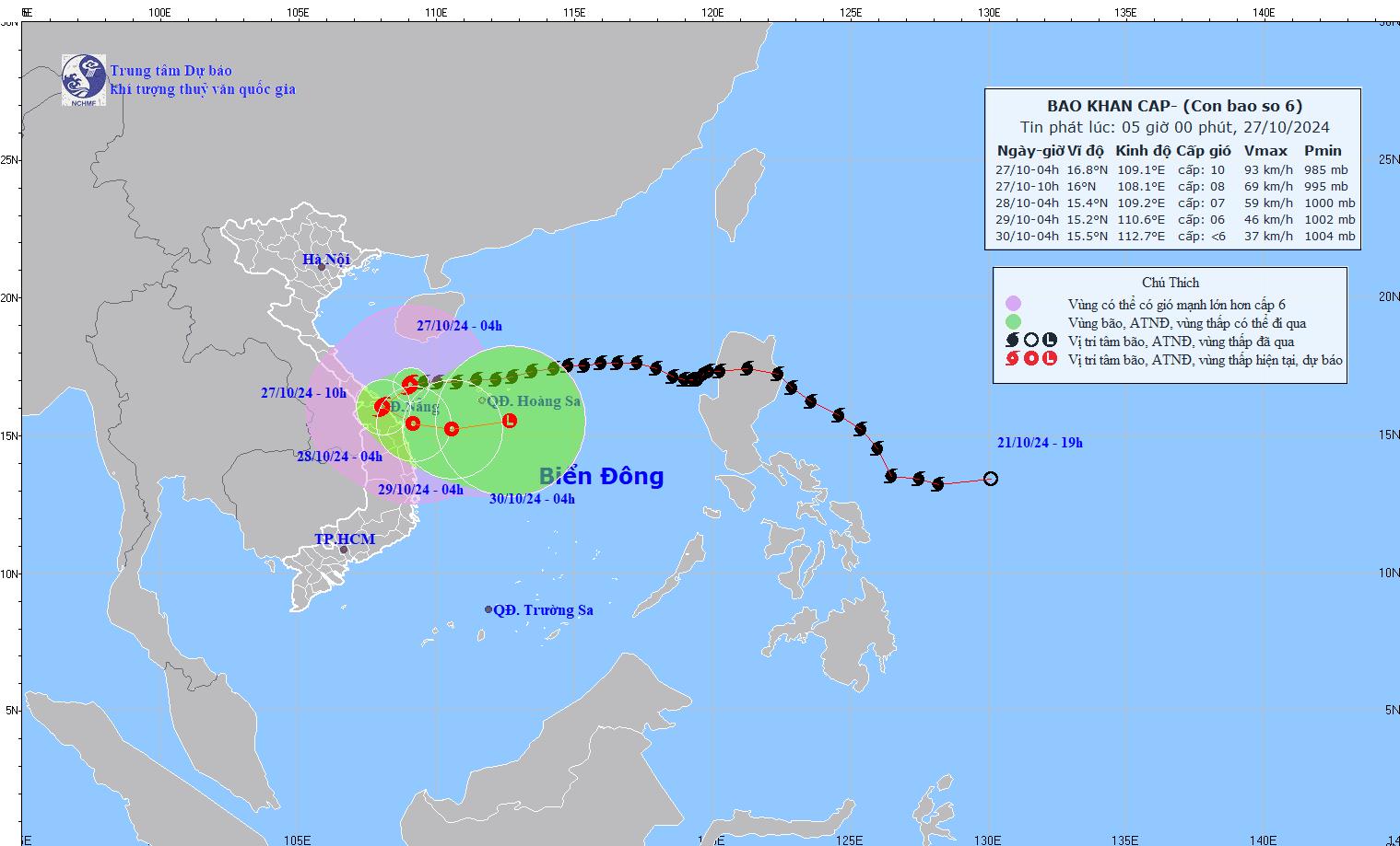 Bão số 6 giật cấp 12 cách Đà Nẵng khoảng 125km về phía Đông Đông Bắc